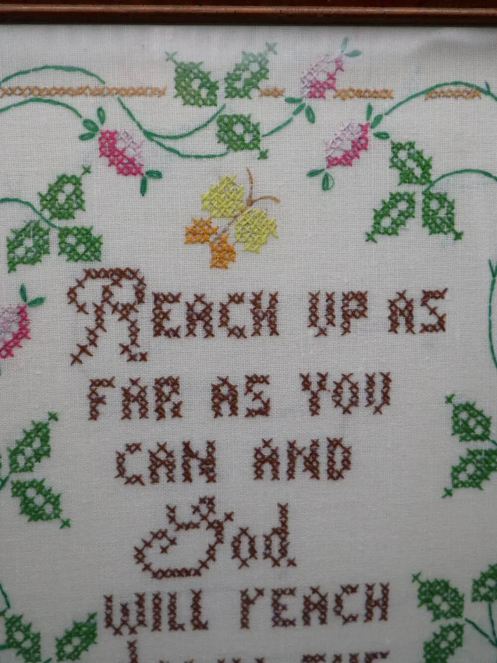 Vtg Framed Completed Cross Stitch Sampler Wall Art God Will Reach Down Religious